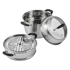 Bostome 3-tier stainless steel steamer pot set with an 8.5QT stock pot and glass lid.