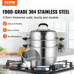 Bostome 3-tier stainless steel steamer pot set with an 8.5QT stock pot and glass lid.