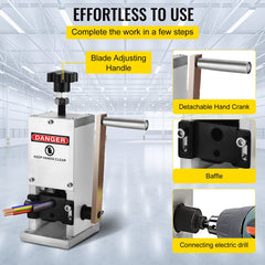 Manual wire stripping machine with adjustable blade, hand crank, and drill connection.