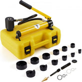 Yellow 10-ton hydraulic knockout punch kit with pump, hose, six black dies from 1/2" to 2", and case.