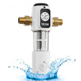White Bostome 40-micron spin-down sediment water filter with 3/4-inch brass fittings, pressure gauge, and blue water splashes.