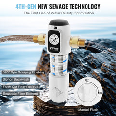 Bostome 40 micron spin down sediment filter with 3/4-inch MNPT connections, backwash valve, and pressure gauge.