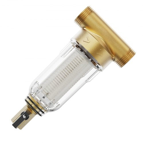 Gold-colored Bostome spin-down sediment filter with 40-micron screen for whole house well water.