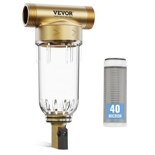 Bostome 40 micron spin down sediment filter with gold housing, clear bowl, and replacement cartridge.