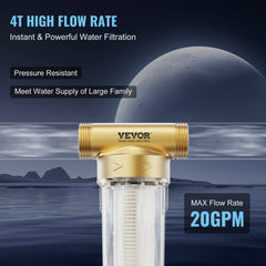 Bostome 40-micron spin-down sediment water filter with 3/4-inch FNPT and 1-inch MNPT ports.