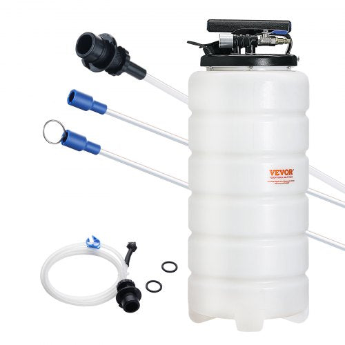Bostome 4-gallon pneumatic/manual fluid extractor with white tank, hoses, and tubes.