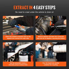 Infographic showing 4 steps to extract oil using a pneumatic/manual fluid extractor without draining.