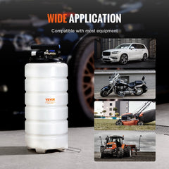White 4-gallon Bostome fluid extractor with tubes, shown compatible with cars, motorcycles, and lawn equipment.
