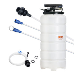 White 4-gallon pneumatic and manual fluid extractor with tubes and hose for automotive oil.
