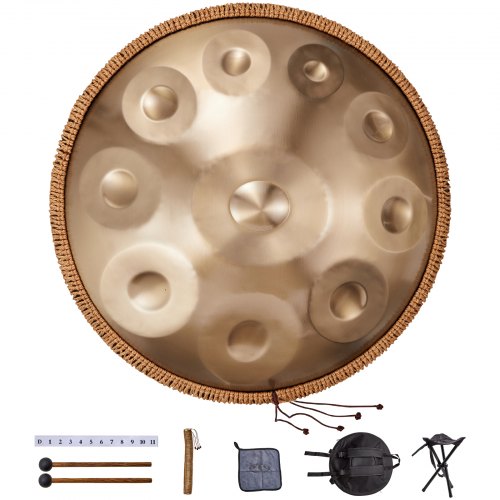22-inch Bostome handpan drum in D Minor with 10 notes, mallet, and carrying accessories.