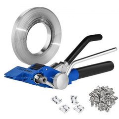 Stainless steel banding kit with 100 ft roll, blue tensioner tool, and 100 seals.