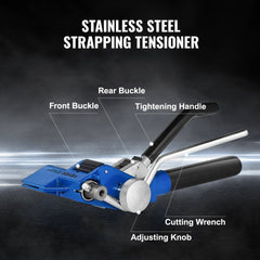 Blue stainless steel strapping tensioner tool with front buckle, rear buckle, tightening handle, cutting wrench, and adjusting knob.