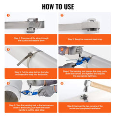 Step-by-step guide showing how to use stainless steel banding strapping kit with tensioner and seals.