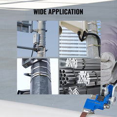 Stainless steel banding kit with 100 ft strapping, tensioner tool, and 100 seals shown securing poles and pipes.