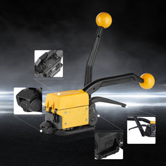 Manual 3-in-1 steel strapping tool for tensioning, crimping, and cutting steel straps.