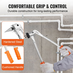 Manual lever PEX tubing expander with three expansion heads and a pipe cutter in a storage case.