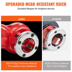 Comparison of upgraded 9SICR wear-resistant ratchet pipe threader die versus ordinary 9CR material, showing superior hardness and lifespan.