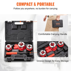 Compact black case open containing Bostome ratchet pipe threader kit with red-handled 1/2", 3/4", and 1" NPT dies.