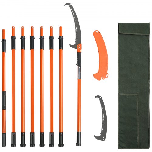 Extendable fiberglass pole saw with carbon steel blade, hooks, and green storage bag.
