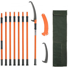 Extendable fiberglass pole saw with carbon steel blade, hooks, and green storage bag.