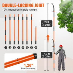Extendable fiberglass pole saw from 7.3 to 27 ft with double-locking joints and pruning blade.
