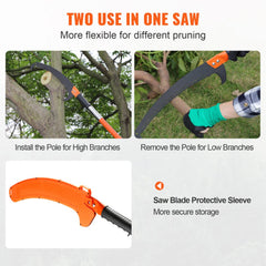 Extendable fiberglass pole saw with carbon steel blade and protective orange sheath for pruning trees.