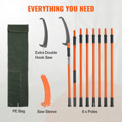 Extendable fiberglass pole saw with 8 orange poles, double hook saw blade, sleeve, and green storage bag.