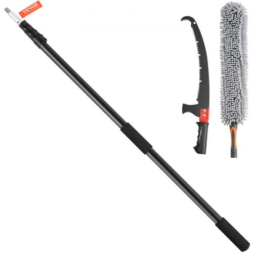 Extendable black pole saw with steel blade, hook saw, and chenille brush attachments.