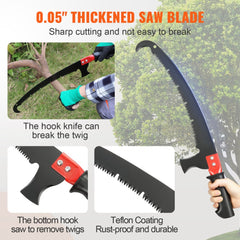 Extendable manual pole saw with 0.05-inch thick steel blade and hook for pruning trees up to 20 feet.