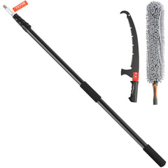 Extendable pole saw from 4.9 to 20 ft with steel blade, plus pruning hook and chenille brush.