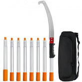 Extendable aluminum pole saw with 8 sections from 4.6 to 9.8 ft, curved pruning blade, and black carrying bag.