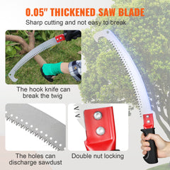 Extendable aluminum pole saw with 0.05-inch thickened blade, hook knife, and double-nut locking.
