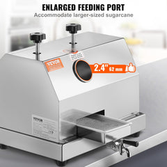 Manual stainless steel sugarcane juicer with three rollers and ergonomic crank for high output.