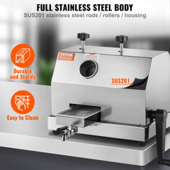 Manual stainless steel sugarcane juicer with three rollers and ergonomic crank for high output.