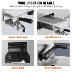 Manual stainless steel sugarcane juicer with three rollers and ergonomic crank for high output.