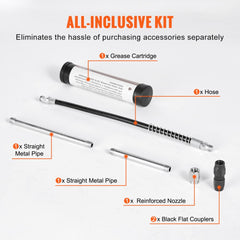 A grease gun kit with a grease cartridge, hose, two metal pipes, nozzle, and two couplers.