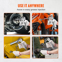 A person uses a pistol grip grease gun to lubricate various heavy machinery parts.