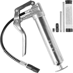 A silver pistol grip grease gun with a flexible hose and various attachments.