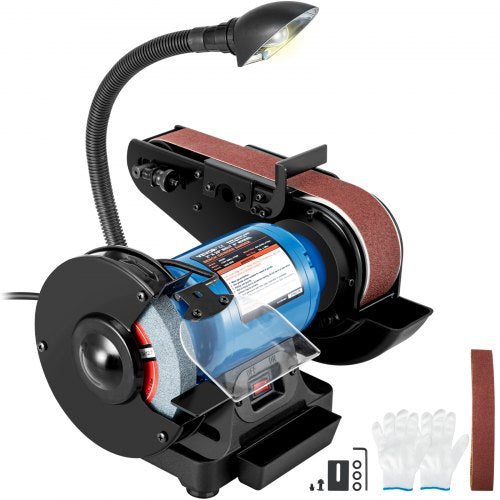 Blue 2-inch belt and 6-inch disc sander with adjustable LED lamp and accessories.