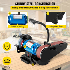 Bostome 2-inch belt and 6-inch disc sander with steel housing, LED lamp, and adjustable arm on a stable base.