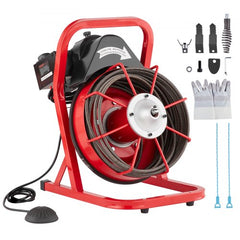 Bostome 50FT drain cleaner machine auger with manual feed and four interchangeable cutters.