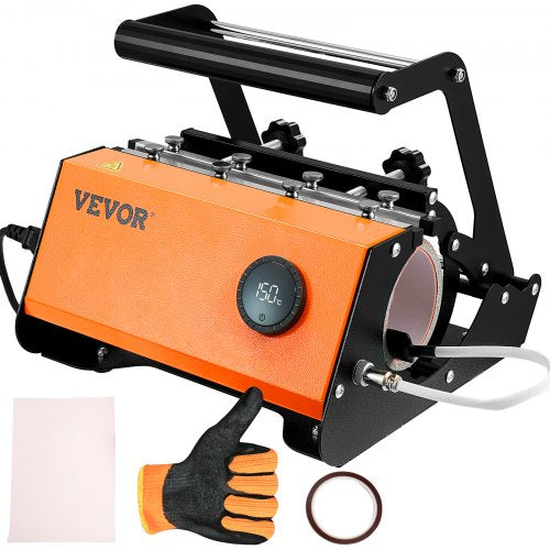 Orange VEVOR tumbler heat press machine with handle, digital display, mug holder, gloves, and accessories.