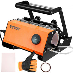 Orange VEVOR tumbler heat press machine with handle, digital display, mug holder, gloves, and accessories.