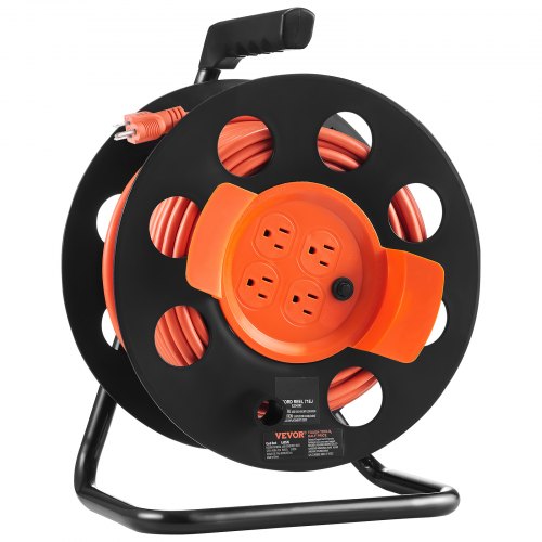 Bostome 100FT extension cord reel with four outlets and heavy-duty 12AWG SJTOW wire.