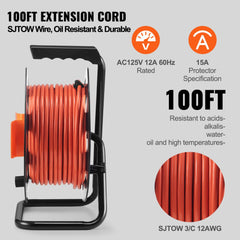 Bostome 100FT extension cord reel with four outlets and heavy-duty 12AWG SJTOW cable.