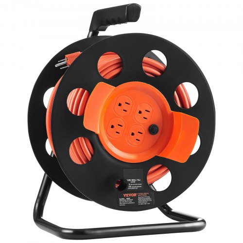 Heavy-duty 100FT extension cord reel with 4 grounded outlets and durable 14AWG SJTOW wire.