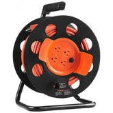 Heavy-duty 100FT extension cord reel with 4 grounded outlets and durable 14AWG SJTOW wire.