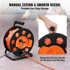 Bostome 100FT extension cord reel with four outlets and a heavy-duty 14AWG SJTOW design.