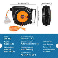 Bostome 30FT retractable extension cord reel with triple socket and 10A circuit breaker.
