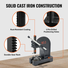 Cast iron manual arbor press with rust-resistant coating, gear rack, and pre-drilled holes.